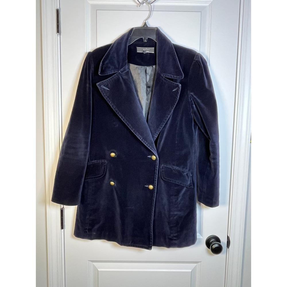 Basement Collection Navy Blue Velvet Double Breasted Blazer Gold Buttons Medium